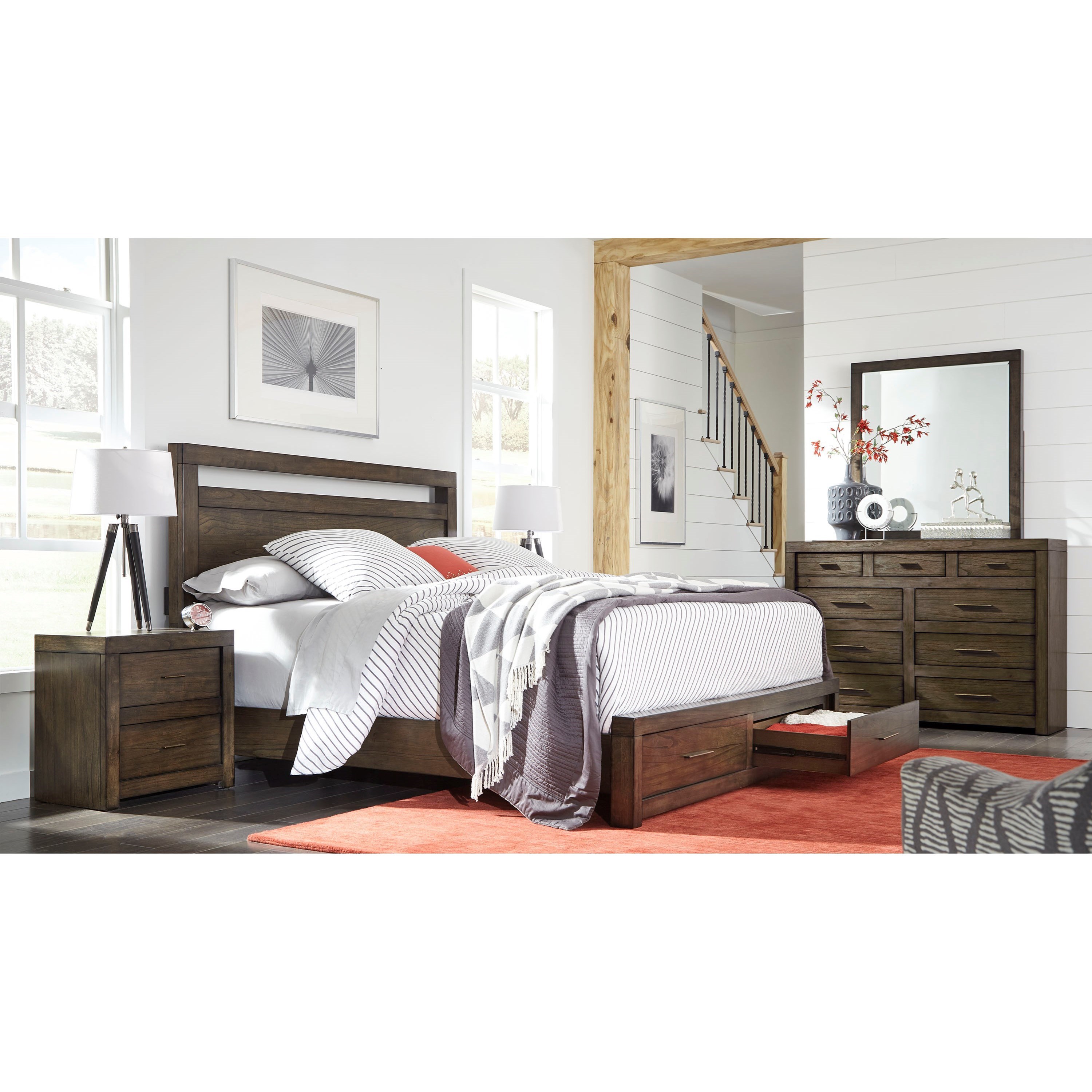 Aspenhome Modern Loft Queen Panel Storage Bed with USB Charging Outlets